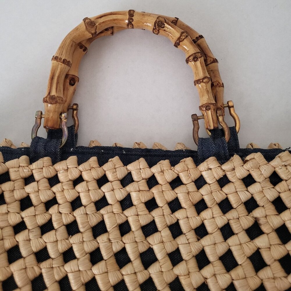 Vintage Raffia Woven Handbag Denim Lining Bamboo Handles - Picture 3 of 10
